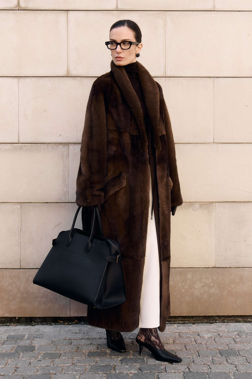 Women’s Long Dark Brown Mink Coat with Belt and Shawl Collar