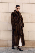 Women’s Long Dark Brown Mink Coat with Belt and Shawl Collar