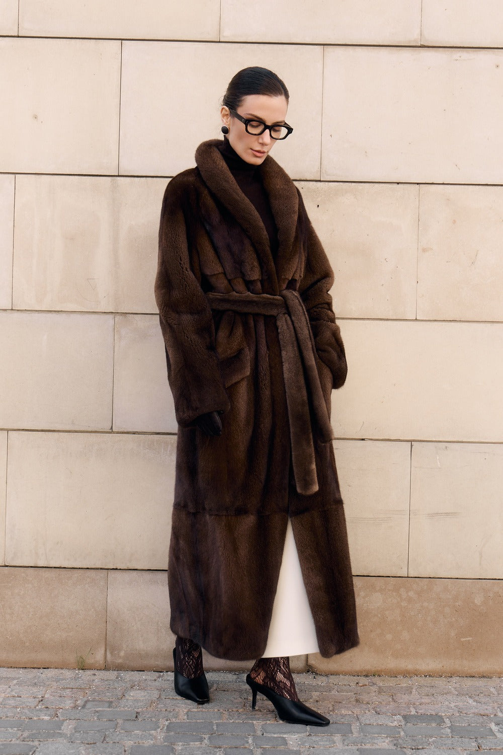 Women’s Long Dark Brown Mink Coat with Belt and Shawl Collar