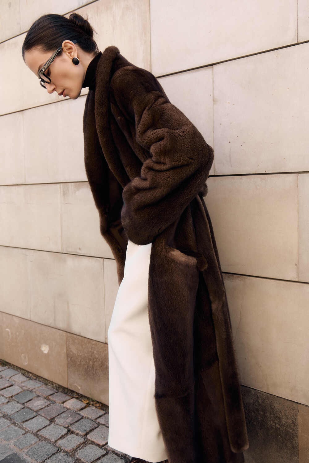 Women’s Long Dark Brown Mink Coat with Belt and Shawl Collar