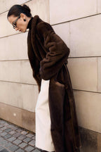 Women’s Long Dark Brown Mink Coat with Belt and Shawl Collar