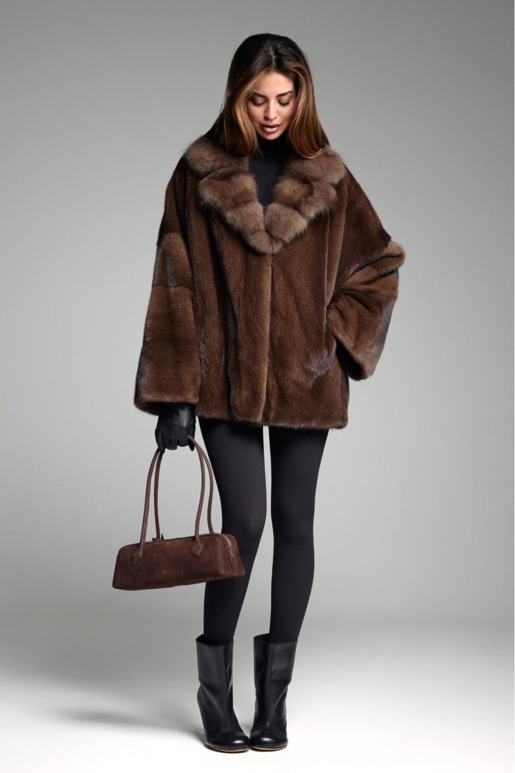 Women’s Chocolate Brown Mink Fur Jacket with Plush Statement Collar