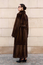 Women’s Long Dark Brown Mink Coat with Belt and Shawl Collar
