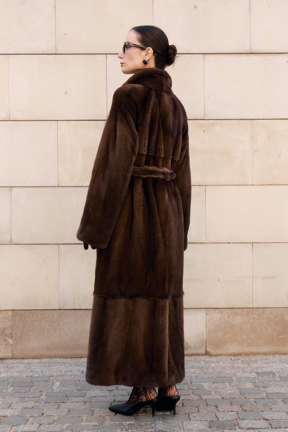 Women’s Long Dark Brown Mink Coat with Belt and Shawl Collar