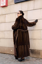 Women’s Long Dark Brown Mink Coat with Belt and Shawl Collar