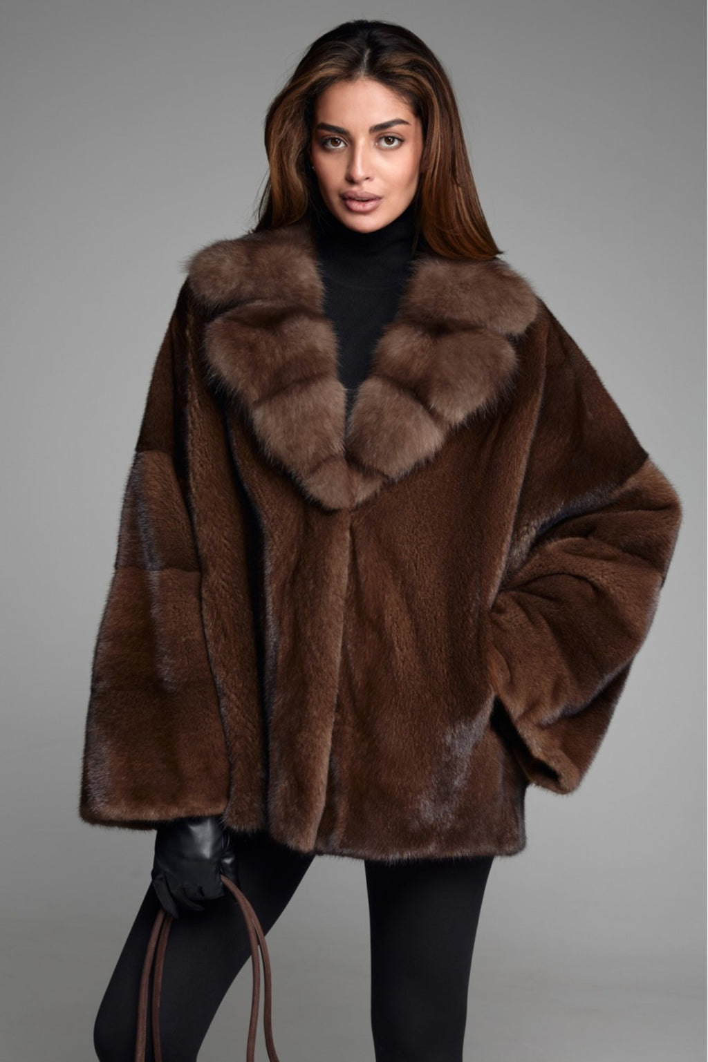 Women’s Chocolate Brown Mink Fur Jacket with Plush Statement Collar