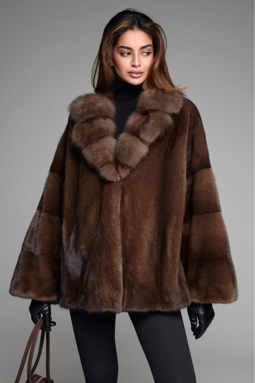 Women’s Chocolate Brown Mink Fur Jacket with Plush Statement Collar