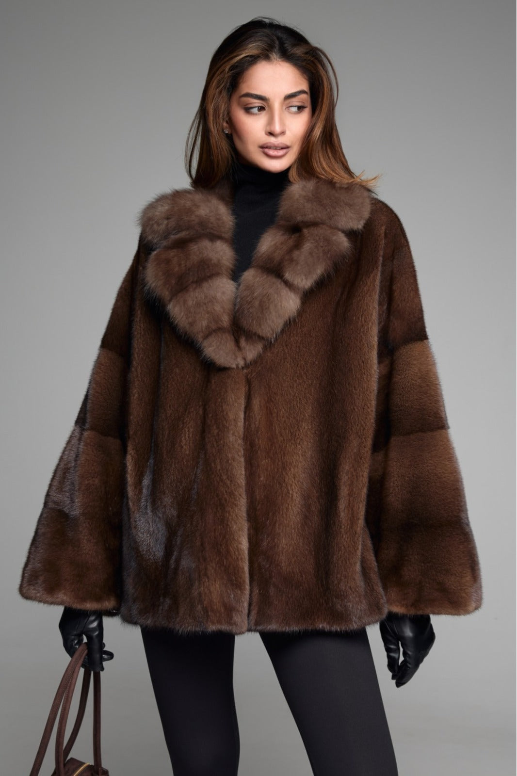 Women’s Chocolate Brown Mink Fur Jacket with Plush Statement Collar