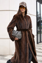 Women’s Long Chocolate Brown Mink Coat with Belt and Shawl Collar