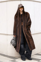 Women’s Long Chocolate Brown Mink Coat with Belt and Shawl Collar