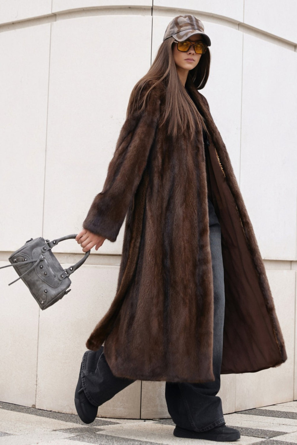 Women’s Long Chocolate Brown Mink Coat with Belt and Shawl Collar