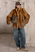 Women’s Golden Brown Fox Fur Jacket with Shawl Collar