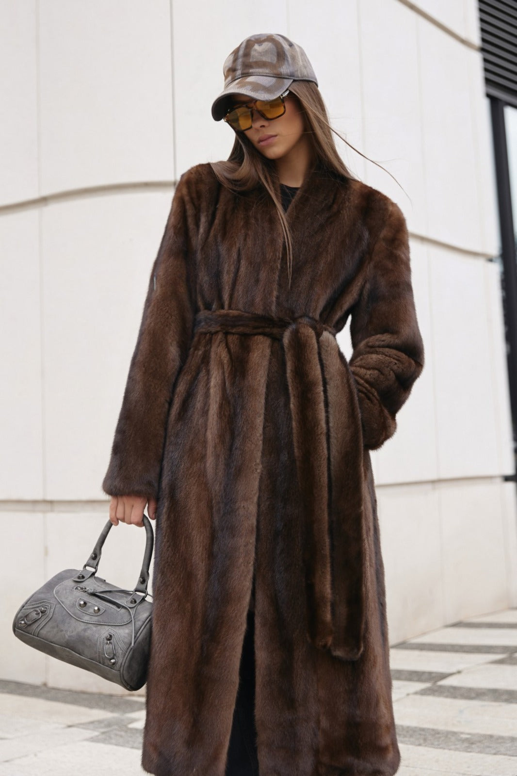 Women’s Long Chocolate Brown Mink Coat with Belt and Shawl Collar