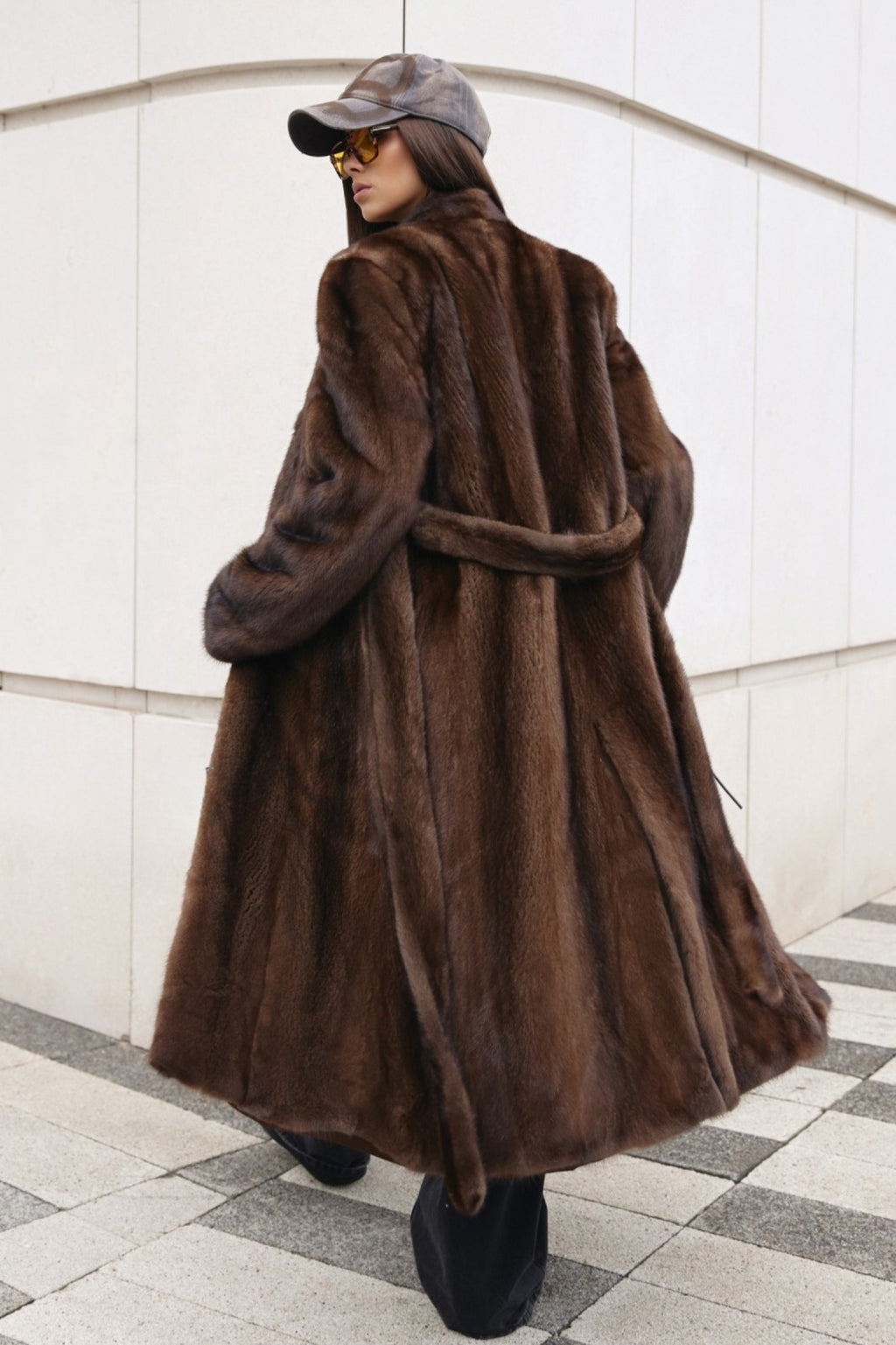 Women’s Long Chocolate Brown Mink Coat with Belt and Shawl Collar