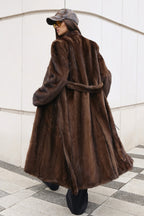 Women’s Long Chocolate Brown Mink Coat with Belt and Shawl Collar