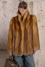 Women’s Golden Brown Fox Fur Jacket with Shawl Collar