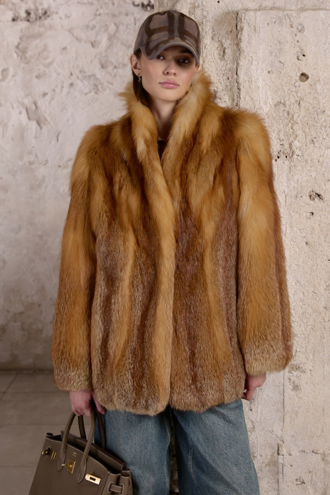 Women’s Golden Brown Fox Fur Jacket with Shawl Collar