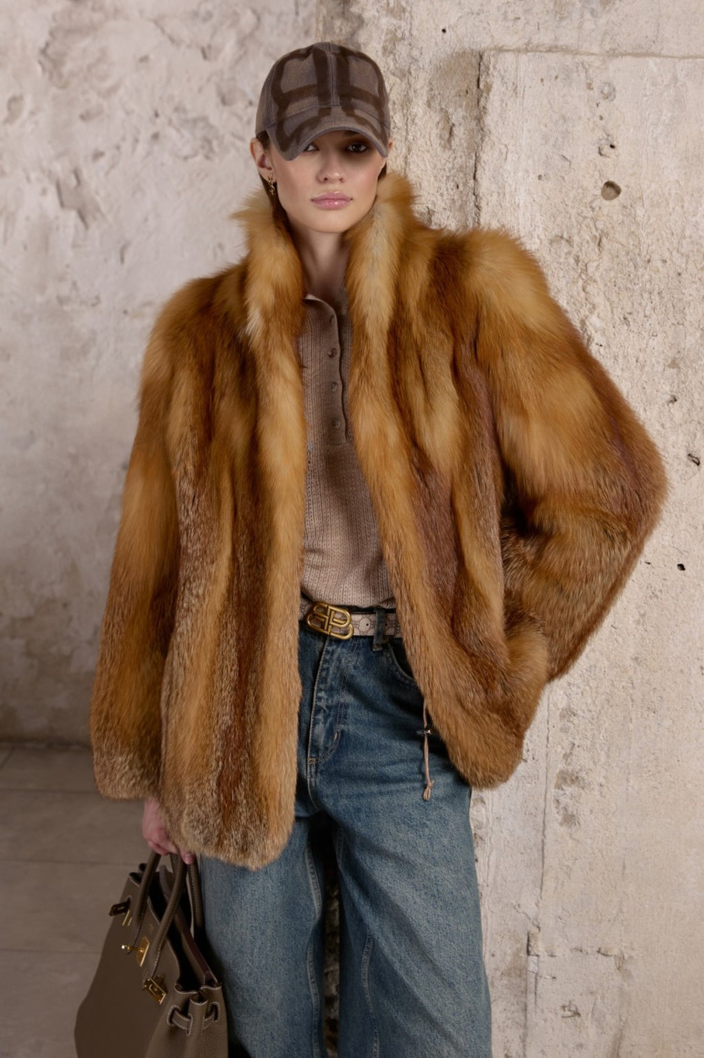 Women’s Golden Brown Fox Fur Jacket with Shawl Collar