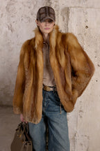 Women’s Golden Brown Fox Fur Jacket with Shawl Collar