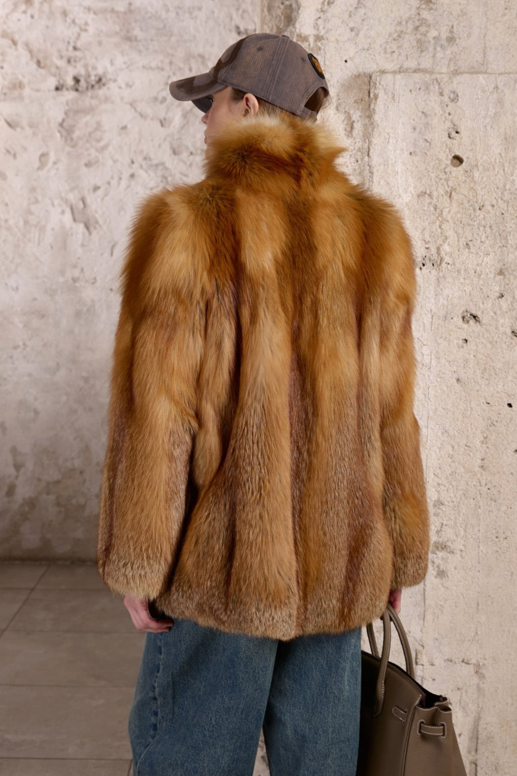 Women’s Golden Brown Fox Fur Jacket with Shawl Collar