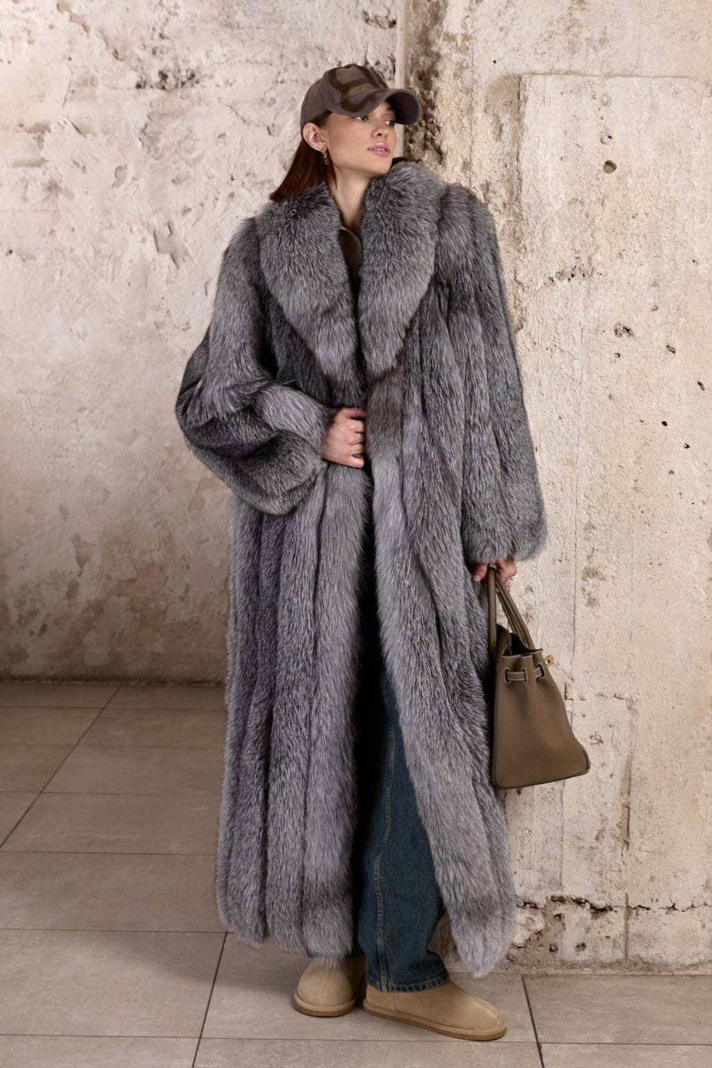 Women’s Silver Fox Fur Coat with Oversized Shawl Collar
