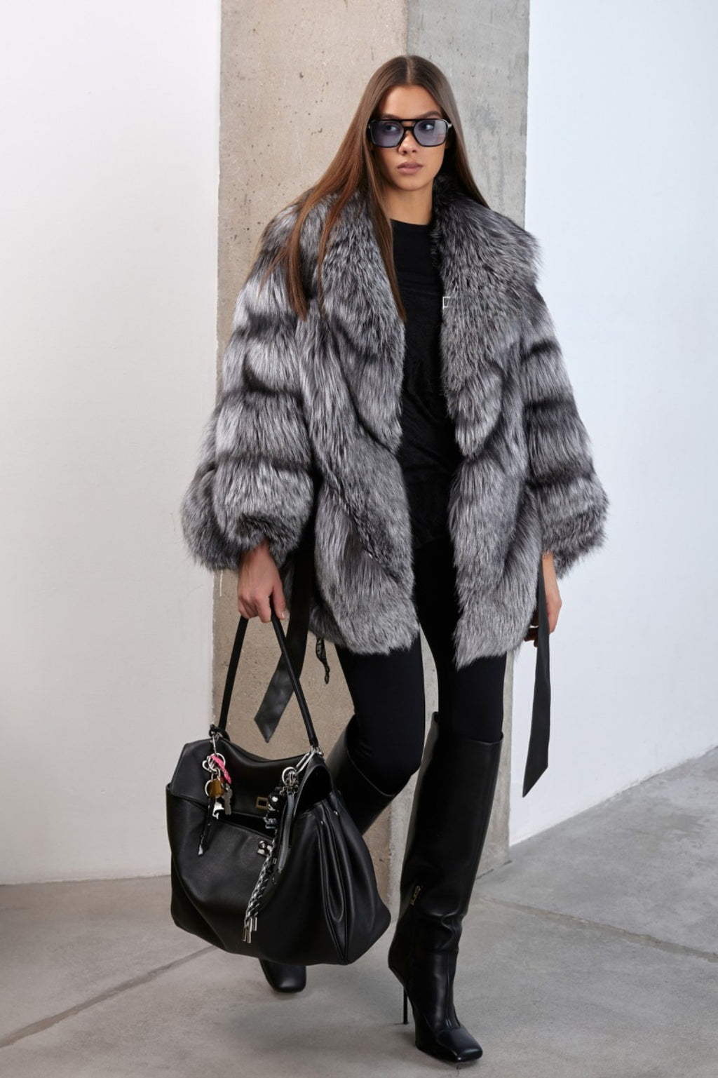 Women’s Silver Fox Fur Jacket with Oversized Collar and Waist Belt