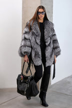 Women’s Silver Fox Fur Jacket with Oversized Collar and Waist Belt