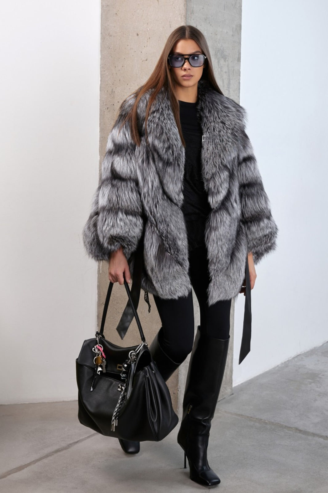 Women’s Silver Fox Fur Jacket with Oversized Collar and Waist Belt