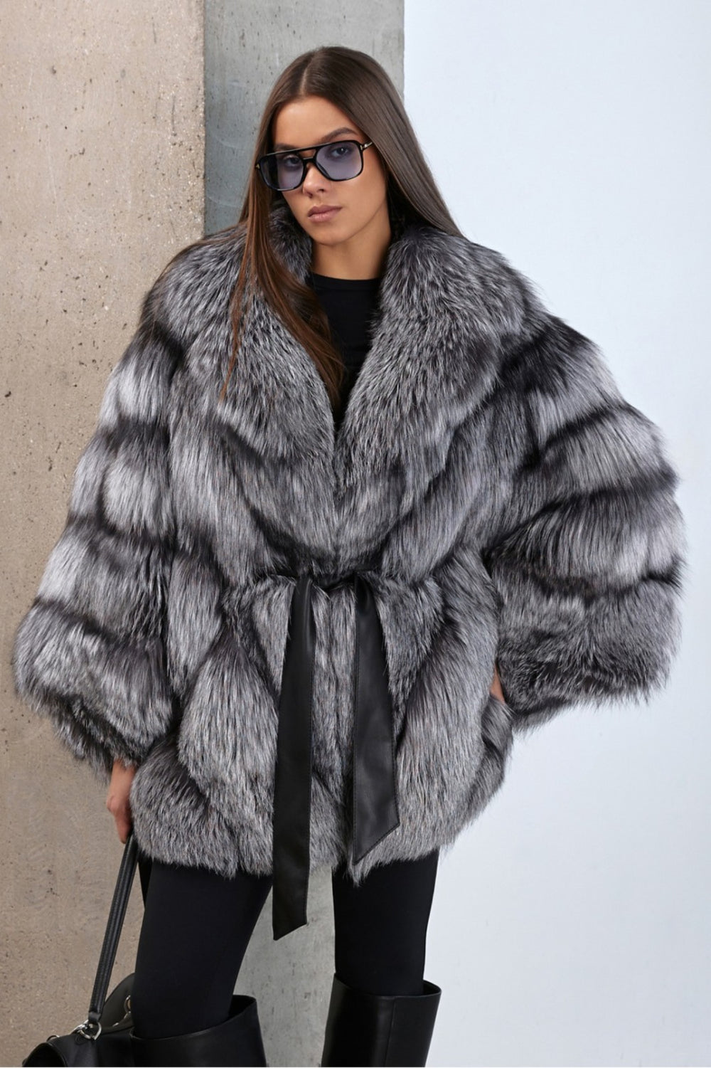 Women’s Silver Fox Fur Jacket with Oversized Collar and Waist Belt