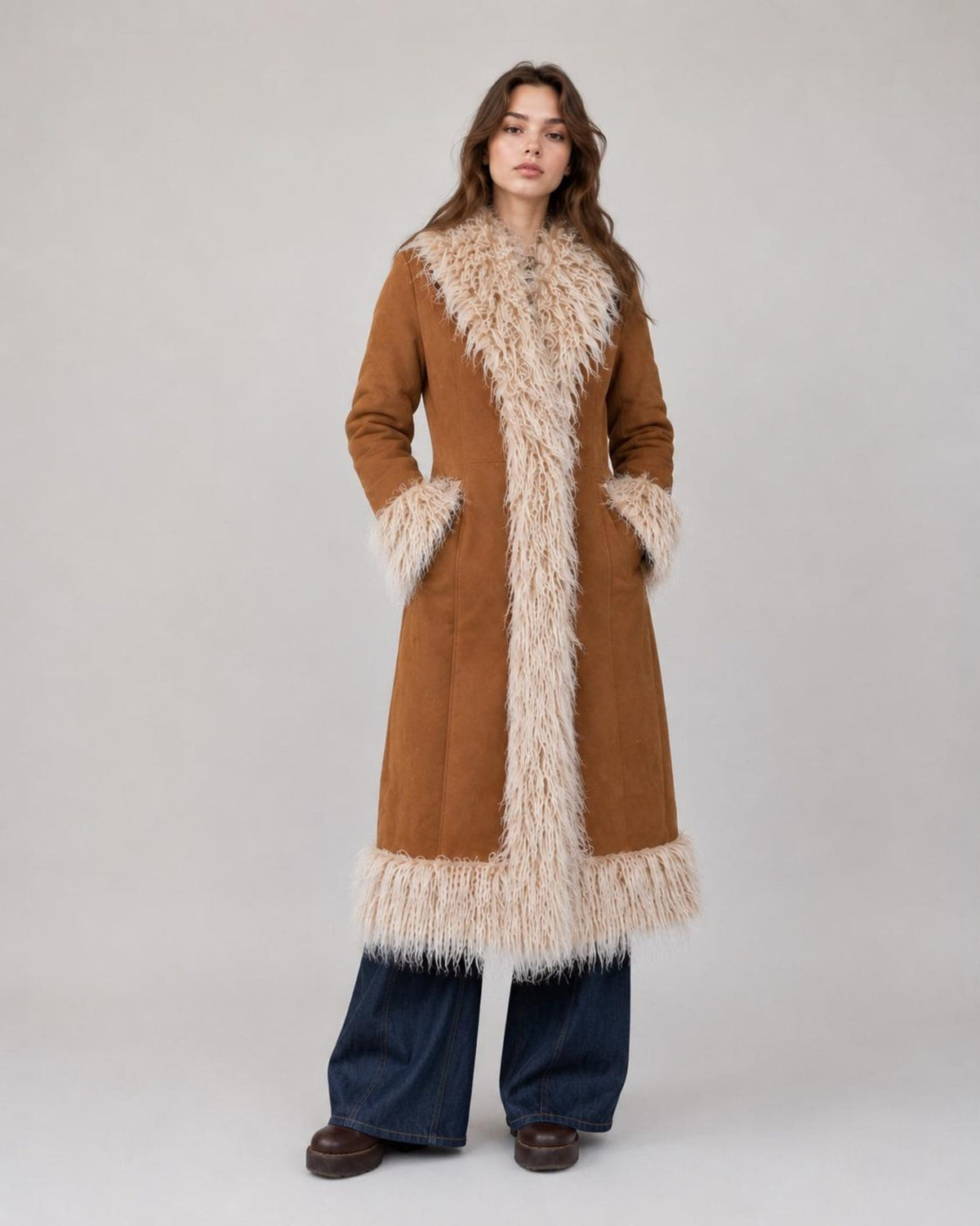 Women’s Long Brown Suede Penny Lane Coat with Cream Fur Trim