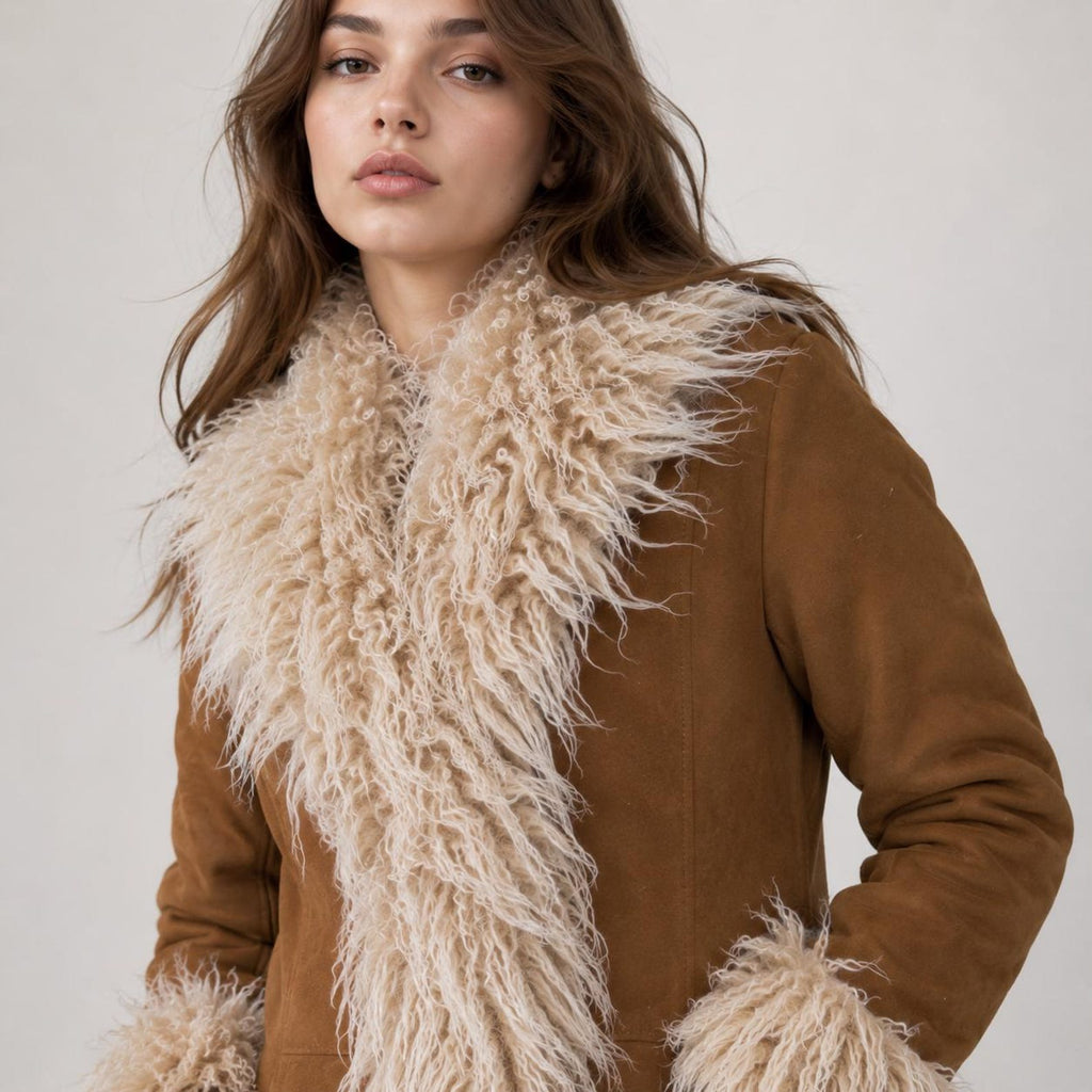 Women’s Long Brown Suede Penny Lane Coat with Cream Fur Trim