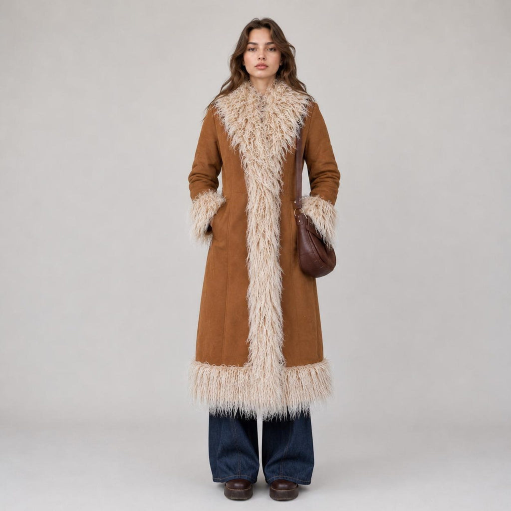 Women’s Long Brown Suede Penny Lane Coat with Cream Fur Trim