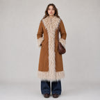 Women’s Long Brown Suede Penny Lane Coat with Cream Fur Trim