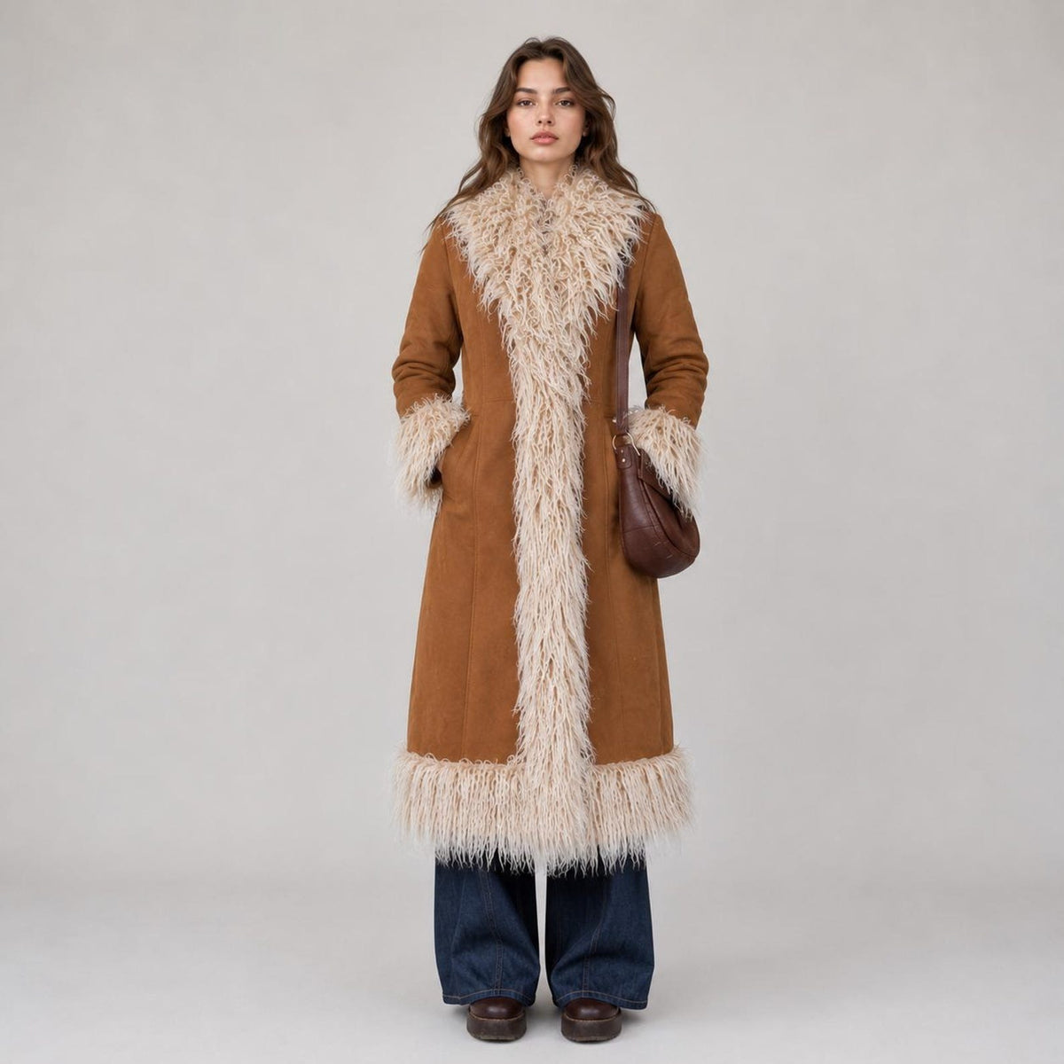 Women’s Long Brown Suede Penny Lane Coat with Cream Fur Trim
