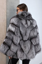 Women’s Silver Fox Fur Jacket with Oversized Collar and Waist Belt