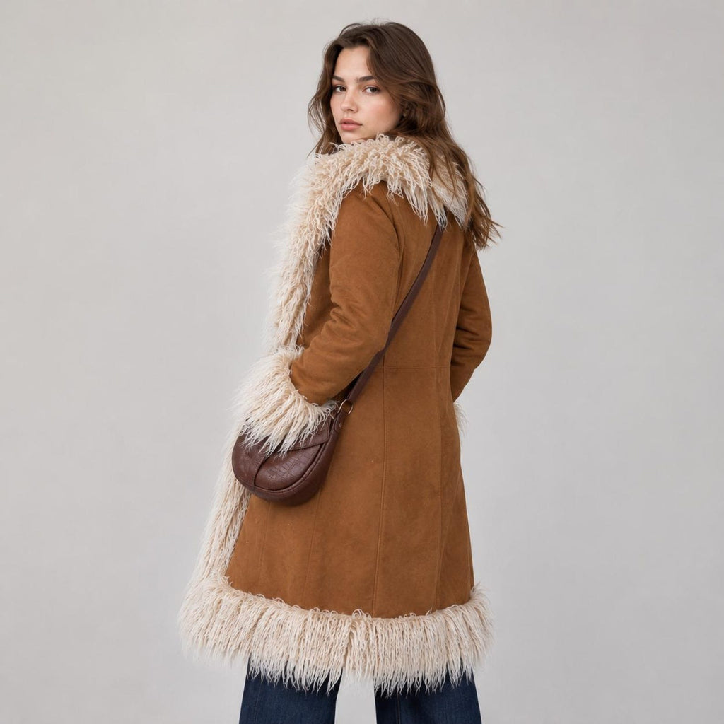 Women’s Long Brown Suede Penny Lane Coat with Cream Fur Trim