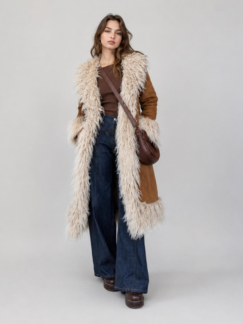 Women’s Long Brown Suede Penny Lane Coat with Cream Fur Trim