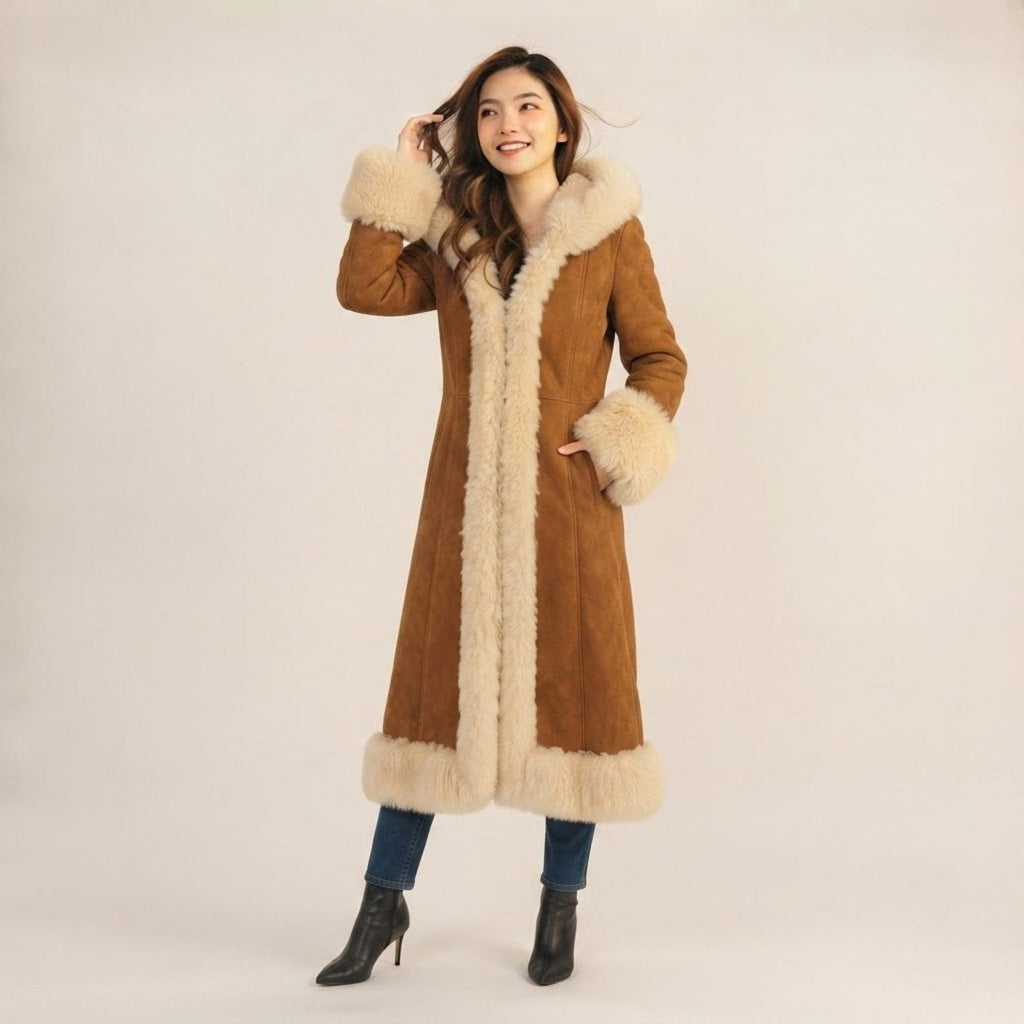 Women’s Long Brown Hooded Penny Lane Coat with Cream Fur Trim