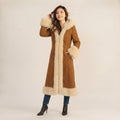 Women’s Long Brown Hooded Penny Lane Coat with Cream Fur Trim