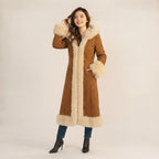 Women’s Long Brown Hooded Penny Lane Coat with Cream Fur Trim