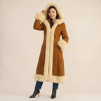 Women’s Long Brown Hooded Penny Lane Coat with Cream Fur Trim
