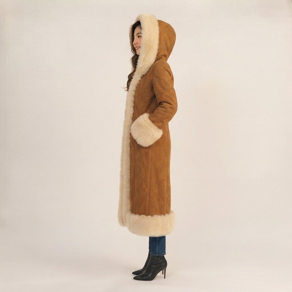 Women’s Long Brown Hooded Penny Lane Coat with Cream Fur Trim