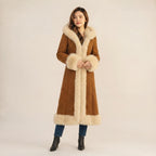 Women’s Long Brown Hooded Penny Lane Coat with Cream Fur Trim