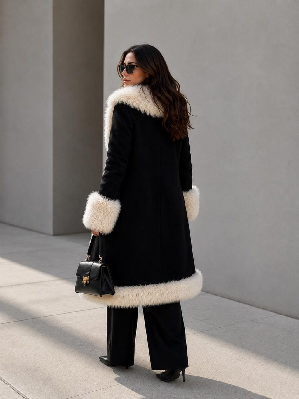 Women’s Black Penny Lane Coat with Cream Fur Trim and Statement Collar