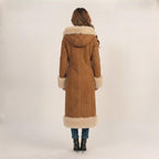 Women’s Long Brown Hooded Penny Lane Coat with Cream Fur Trim