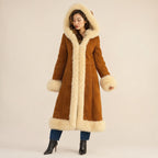 Women’s Long Brown Hooded Penny Lane Coat with Cream Fur Trim