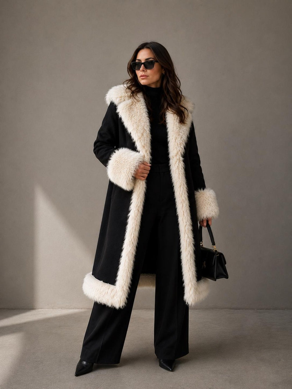 Women’s Black Penny Lane Coat with Cream Fur Trim and Statement Collar