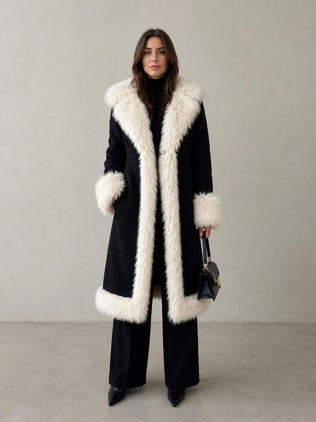 Women’s Black Penny Lane Coat with Cream Fur Trim and Statement Collar