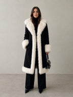 Women’s Black Penny Lane Coat with Cream Fur Trim and Statement Collar