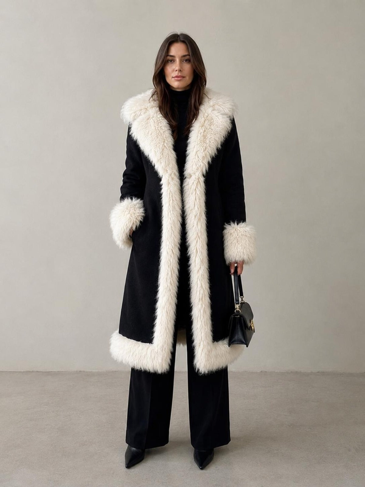 Women’s Black Penny Lane Coat with Cream Fur Trim and Statement Collar